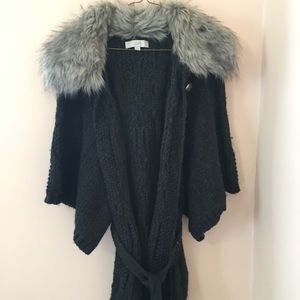 Ann Taylor Loft Cable Knit Cardigan w/ Fur Collar